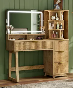 LED Vanity Desk with 360° Rotating Cabinet & Charging Station, Large Lighted Mirror with 3 Color Modes, 28" Extra Wide Drawer with Dividers, Hair Dryer Holder, Retro Grey Finish for Bedroom