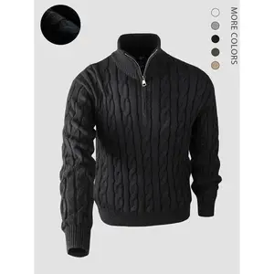 Men's Solid Zip Up Cable Knit Sweater, Regular Fit Casual Long Sleeve Stand Collar Jumper for Fall & Winter, Fashion Men's Knitwear for Daily WearGift