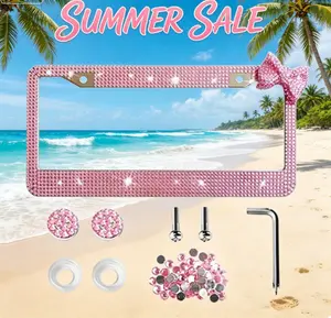 Bling Pink -Sparkling Bow Tie License Plate Frame - Glitter Rhinestone Car Decor, Elegant Colors: Black, White, Pink, Red, Easy Installation & Durable Design, Perfect Gift for Women, Stainless Steel, Anti-Scratch Screws Included