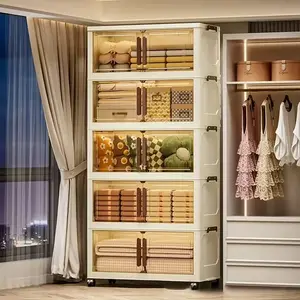 Foldable Storage Cabinet with Wheels & Transparent Doors - 3 Layer Stackable Organizer Bin for Bedroom, Kitchen & Wardrobe (Space Saving & Tool-Free Assembl