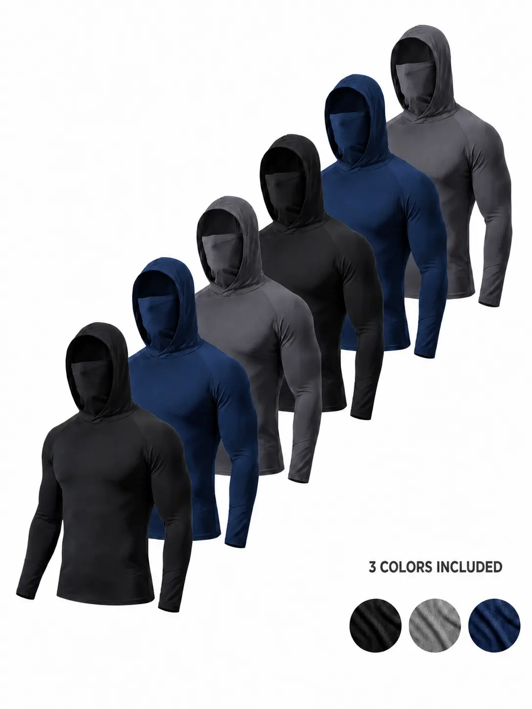 Men’s Lightweight Hooded Outdoor Work Shirts, Breathable Long Sleeve Shirts with Built-in Face Cover for Hot Weather, Fishing, Hiking, Work, 6 Pack