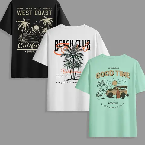 Men's Classic Versatile Knit Letter Print Coconut Tree Tropical T-Shirt Set, Casual Summer Clothes, Summer Round Neck Short Sleeve Casual Streetwear Comfortable Breathable Fitted Tops for Outdoor Wear