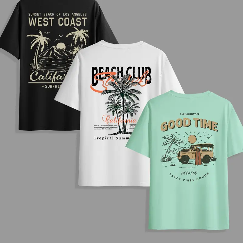 Men's Classic Versatile Knit Letter Print Coconut Tree Tropical T-Shirt Set, Casual Summer Clothes, Summer Round Neck Short Sleeve Casual Streetwear Comfortable Breathable Fitted Tops for Outdoor Wear