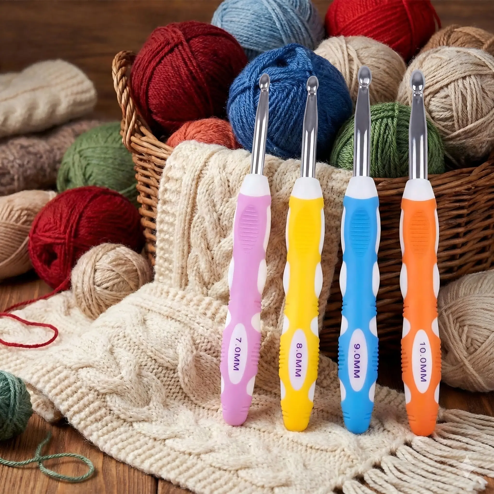 26 Year Model 4-Piece Large Crochet Hooks Set, Ergonomic Non-Slip Rubber Handle, 7mm-10mm Metal Hooks, Ideal for Knitting Sweaters & Rugs, Crochet Projects, Crochet Set Kit, Crochet Tools