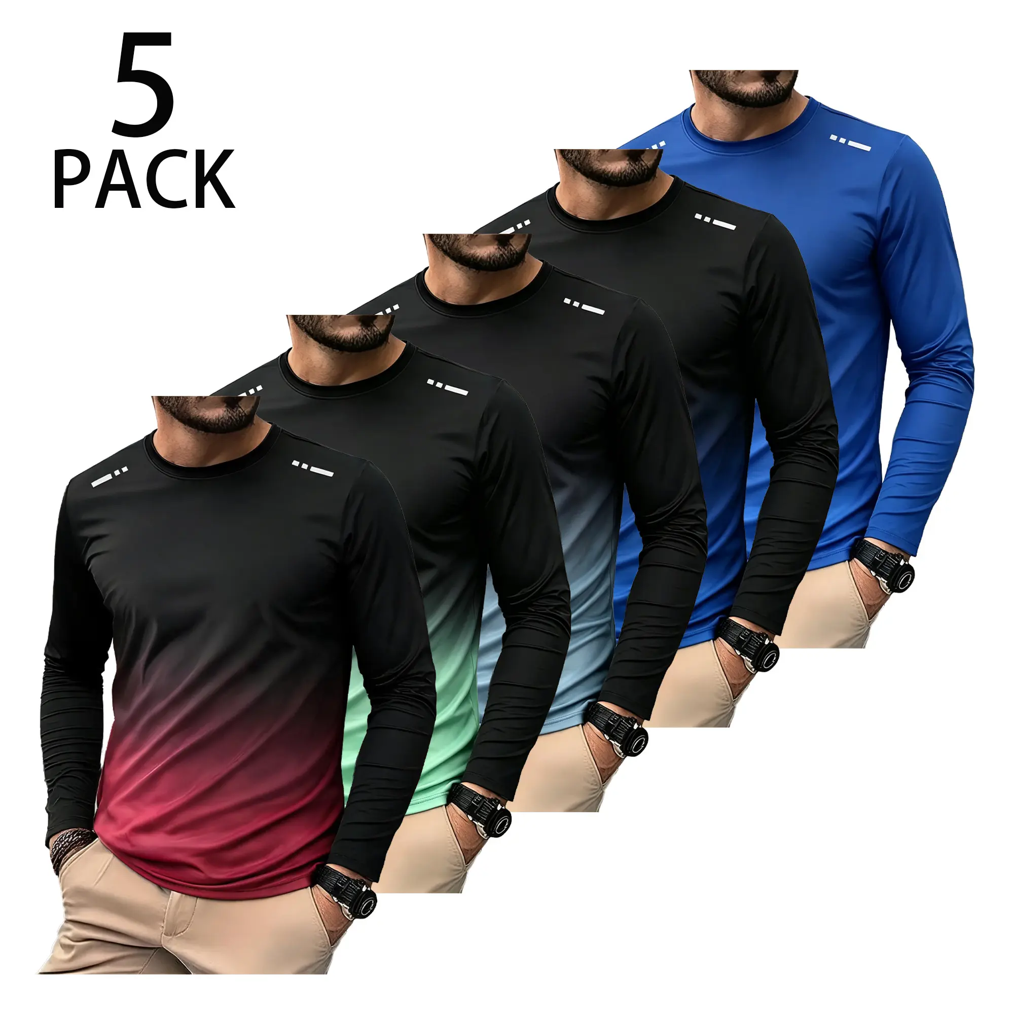 Men’s 5-Pack Gradient Print Long Sleeve Crew Neck T-Shirts, Polyester Clothing Base Layers for Casual Sport, Breathable Fitness Running Tops