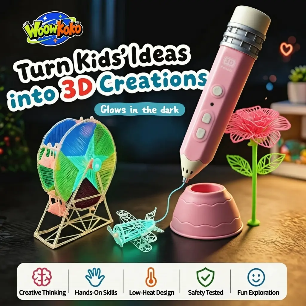 WOOWKOKO Glow in The Dark 3D Pen for Kids — 10-Color Fluorescent PLA Filament Set with Sturdy Stand, DIY 3D Drawing & Doodling Kit, Arts Crafts Toy Birthday Christmas Gift