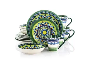 Elama Zen Green Mozaik 16 Piece Luxurious Stoneware Dinnerware with Complete Setting for 4, 16Piece