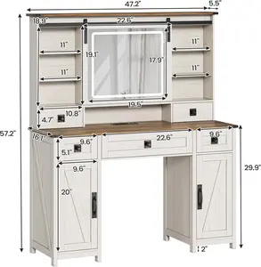 Farmhouse Makeup Vanity Desk with Lights & Charging Station,Vanity Desk with Mirror and Lights, 47.2” Large Brown Vanity Table with Ample Storage Space and Sliding Mirror (Antique White)