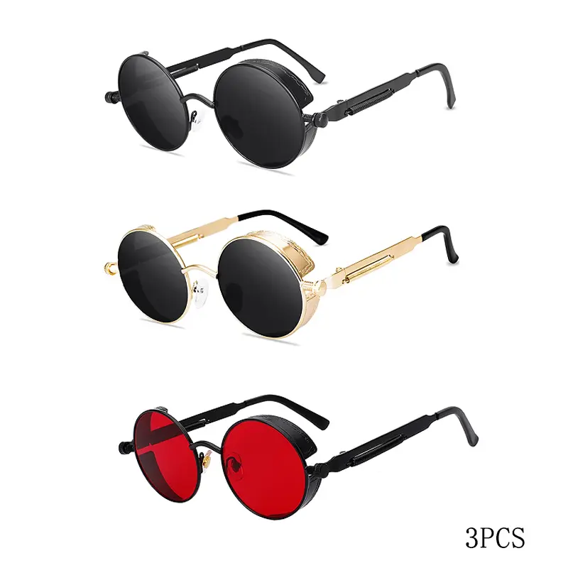 Unisex Round Steampunk Sunglasses, Vintage Gothic Style with Stainless Steel Frame, UV400 Protection, 3pcs Black Gold Red
