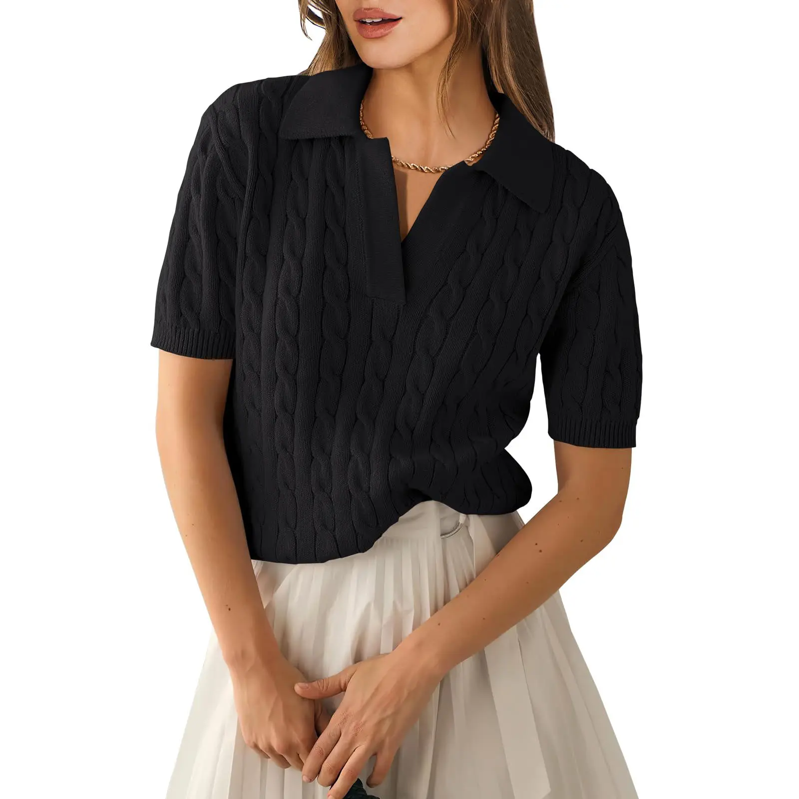 ANRABESS Women's Short Sleeve Sweaters Tops Polo V Neck Cable Knit Casual Soft Pullover Shirts 2026 Summer Outfits Womenswear Crop