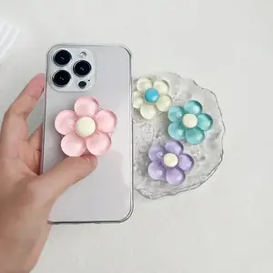 Transparent Resin Candy Color Flower Phone Stand, Foldable Desktop Holder, Portable Phone Holder, Cute Expandable Handle, Suitable for Mobile Devices