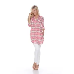 212 MAIN Women's Light Woven Plaid Blouse Tunic Top - Soft Yarn, Stretchy, Button-Accented, Style 17556-06-L, Pink & Beige, Large, Blouses