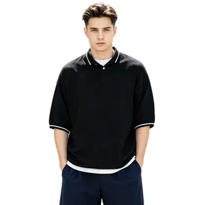 Old Money Aesthetic Oversized Polo Shirt - Men's Black Knit Top with Relaxed Dropped Fit, Soft Stretch Fabric, and Urban Outdoor Techwear Vibes
