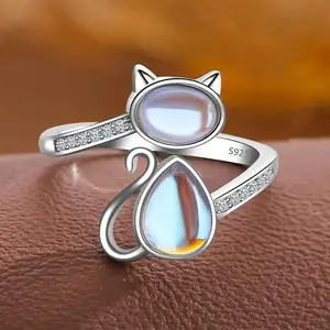 Adjustable Cute Cat Moonstone Ring, Cartoon Glass Inlay Silvery Alloy Jewelry, Fashion Cat Shaped Finger Ring, Ideal Holiday Gift for Teenagers, Girlfriends and Friends for All Occasions