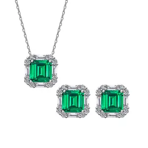 925 Sterling Silver Asscher‑Cut Green Zircon Jewelry Set, Halo Pendant Necklace & Stud Earrings, Vintage Emerald‑Style Luxury Fine Jewelry For Wedding, Banquet, Birthday, Daily Wear & Gift