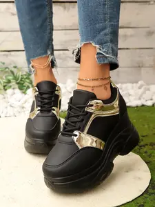 Stylish Women's Platform Sneakers with Hidden Height Increase Black & Gold Classic Color Block Design Daily and Commuting Wear  Large Size Available Perfect Gift for Women Essential for Petite Women's Wardrobe Comfortable, Elegant, Versatile