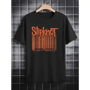 Men's Slipknot Graphic T-Shirt - Black Casual Crew Neck Tee with Bold Orange 3D Print, Summer Short Sleeve Shirt for Fans & Gifts, Band Merchandise |     Band Logo Apparel |     Stretchy Fabric Shirt, Tee Shirts