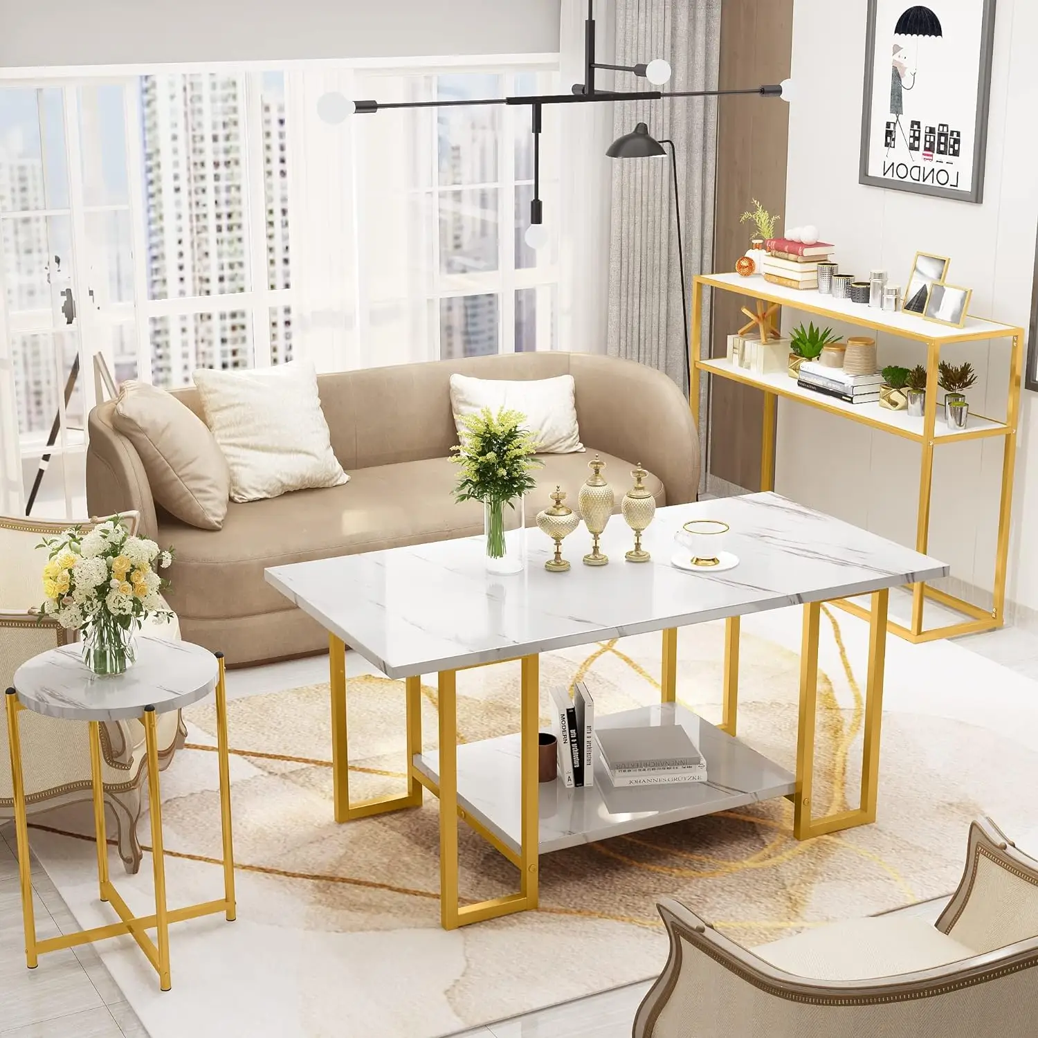 AWQM Faux Marble Coffee Table Set: 3-Piece Living Room Furniture. Metal Frame, Modern Style. Perfect for Apartments & Small Spaces - White