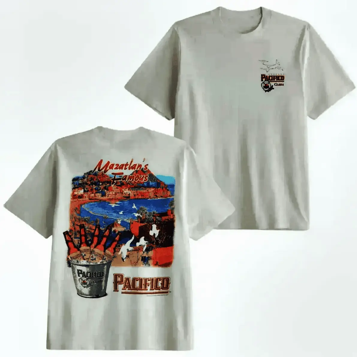Men's Basic Short-Sleeve Round Neck Graphic T-Shirt - Retro Vintage Pacifico Clara Mazatlan Famous Beer Graphic, Coastal Mexico Beach Design, Relaxed Unisex Fit, Menswear Casual Top, Eco-Friendly Dye, Cold Wash Compatible, Relaxed Fit, Crew Neck