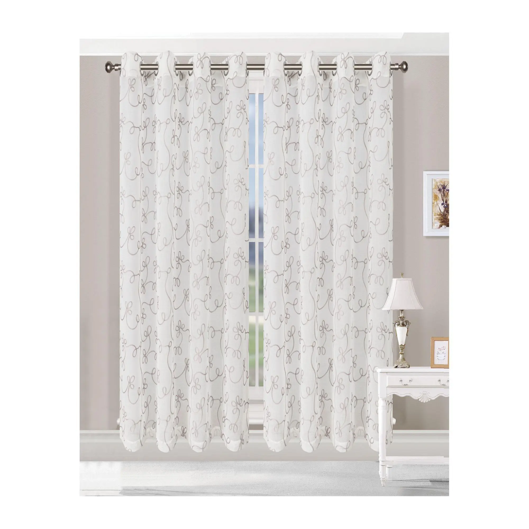 Superior Embroidered Scroll Sheer Grommet Curtains, 52" x 108"