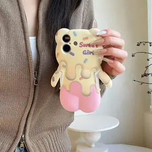 Cute 3D Little Bear Melting Cream Cake Phone Case For iPhone 17 16 15 14 13 12 Pro Max Plus High-Value Protective Case