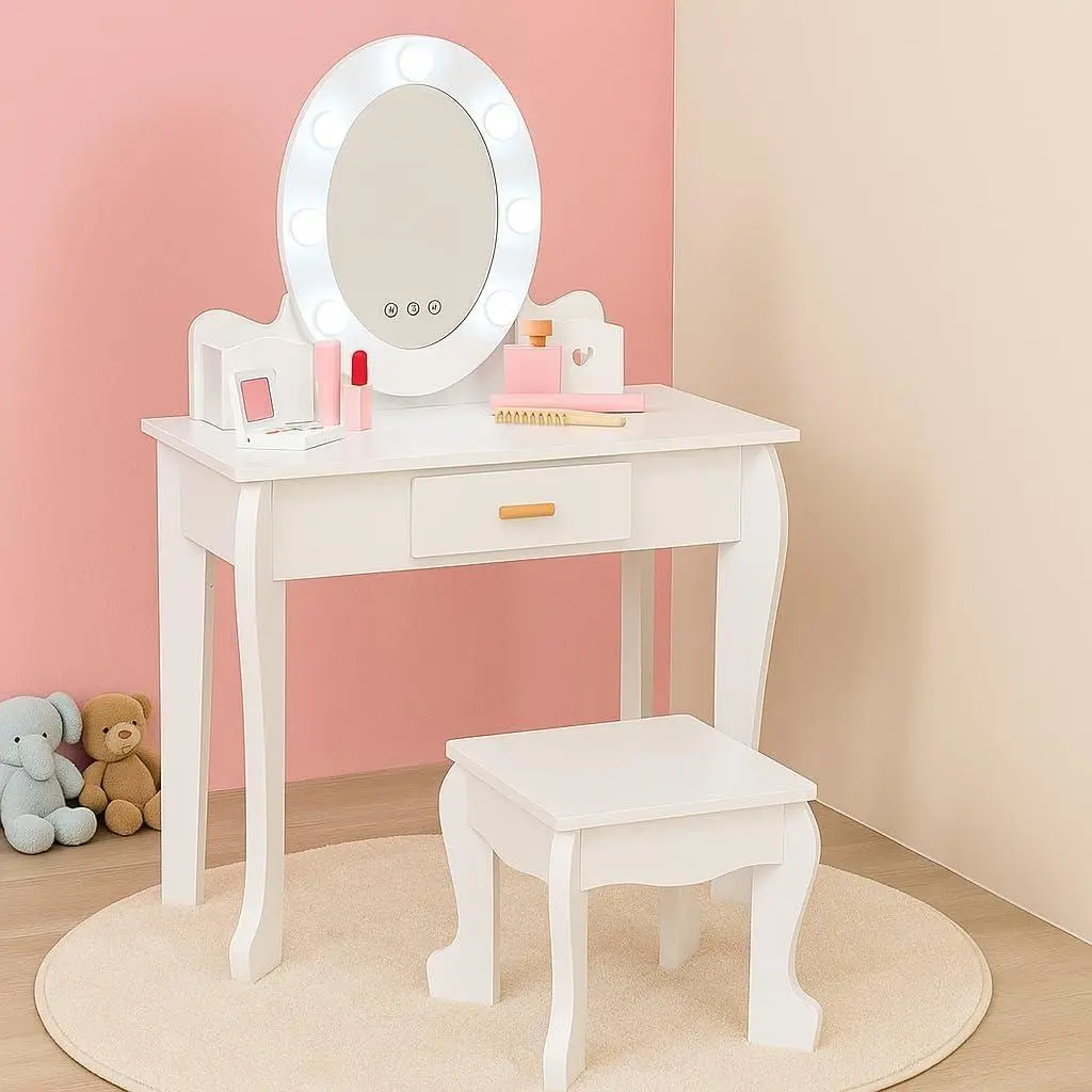 GARVEE Kids Vanity with Mirror and Stool,Toddler Vanity LED Lighted,Princess Makeup Vanity Table and Chair Set,Girls Makeup Playset,Gift for Children’s Bedroom (White)