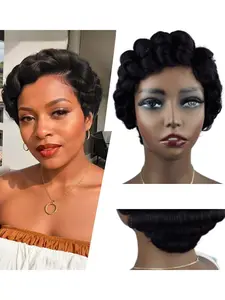Real Hair Short Headpiece Vintage Pixie Cut Wavy Curly Hair 3 Inch Natural Flagship Wig 100% Pure Human Hair