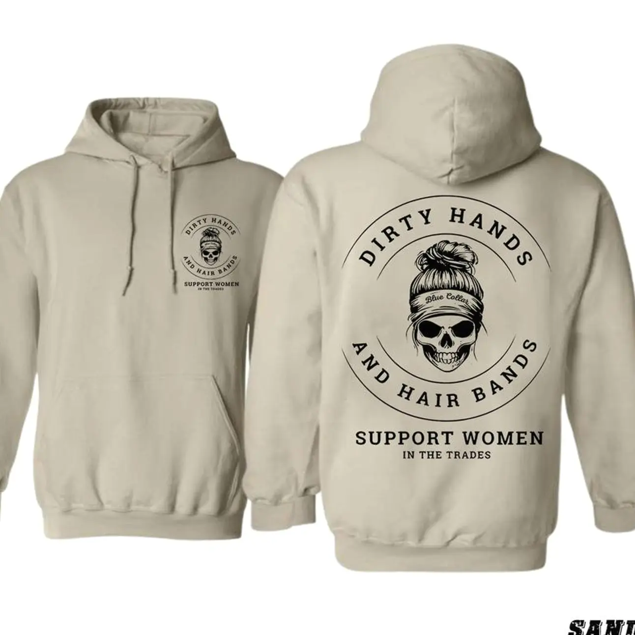 DIRTY HANDS AND HAIR BANDS Skull Blue Collar T-Shirts, Crewneck Sweatshirts & Pullover Hoodie- Support Blue Collar Women - Support Women In The Trades - Skilled Trades Cotton Fabric NMJ1311