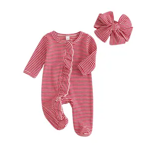 Newborn Baby Romper Infant Girl  Outfit Waffle Ruffle Zip Footie Spring Summer Clothes With Bow Headband