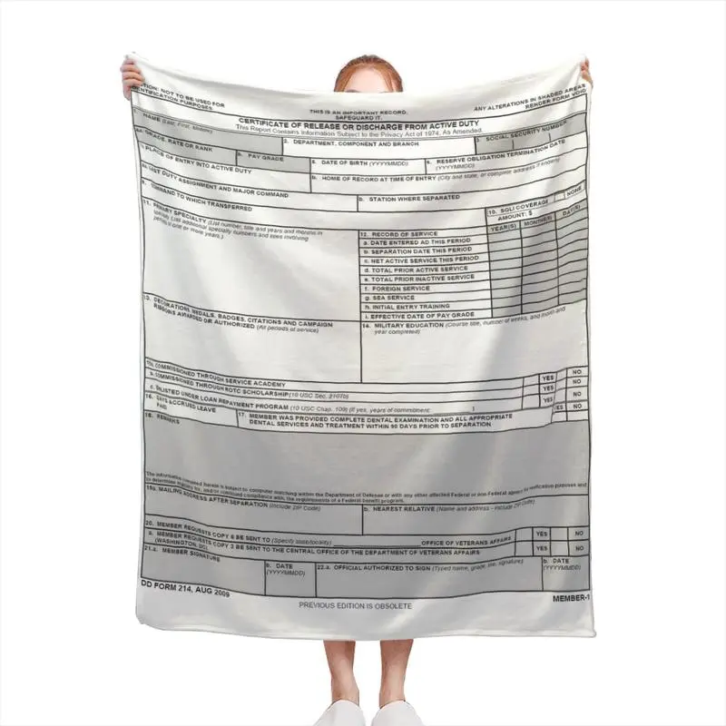 DD Form 214 Fleece Blanket - Casual Soft Home Decor Blanket, Decorative Giftable Veterans Gift, Machine Washable Travel Throw, Casual Soft Blanket