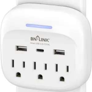 BN-LINK 6-IN-1 USB Wall Outlet Extender with 3 AC Outlets & 3 USB Ports 1 USB-C 125V 15A 1875W Portable Surge Protector for Dorm School Office Home Travel