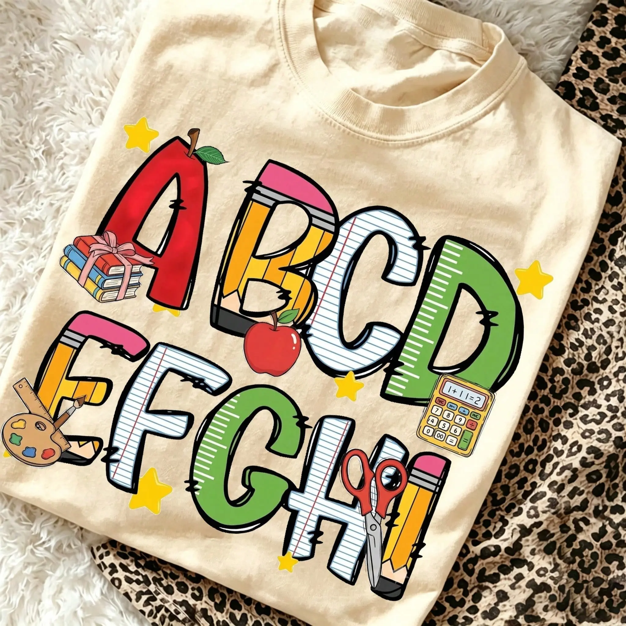Vintage Back To School Teacher Graphic Tee Colorful ABC Alphabet Pencil Apple Book Scissors Print Fall Women Clothes Casual Top