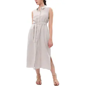 Womens Pure Linen Summer Button Down Midi Dresses with Pockets and Belt elegant short woman dress Casual Womenswear
