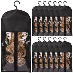 12PCS Hair Extension Holder Wig Storage Bags with Hanger,for Multiple Wigs & Accessories,Dust-proof Storage Organizer,Black