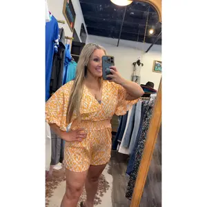Kimono Sleeve V-Neck Romper w/Smocked Waist (Apricot)