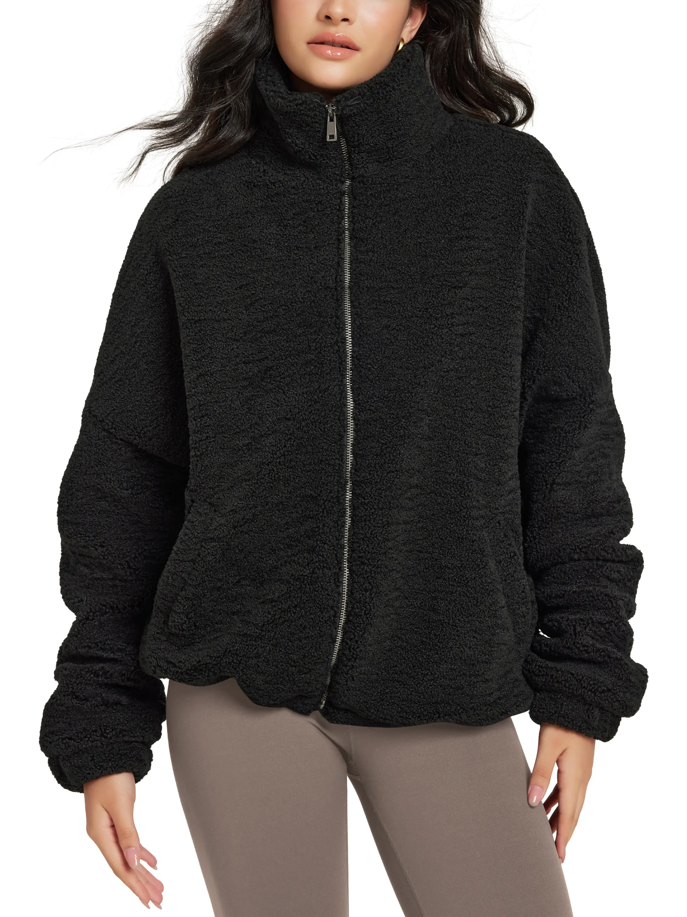ODODOS Women's Sherpa Fleece Full-Zip Basic Jacket, Smooth Long-Sleeve Tops, Adjustable Cinchable Warm Elastic Outerwear with Pockets, Everyday, Longsleeves, Zipper