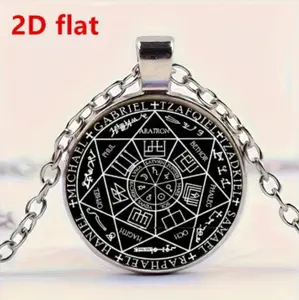 Silver 2D Flat Pentagram Pendant Necklace with Detailed Symbols and Chain