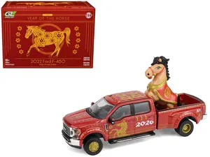 2022 Ford F-450 Dually Pickup "Chinese Zodiac" Red with Gold Graphics and Figure 1/64 Diecast Model Car by Greenlight
