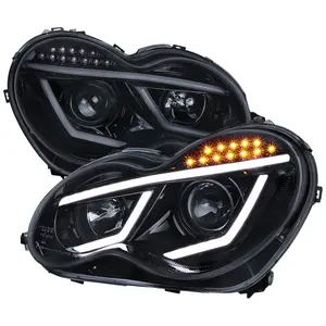 2001-2007 W203 C Class Sedan LED Bar Projector Headlights w/ LED Turn Signal Lights (Glossy Black Housing/Smoke Lens)
