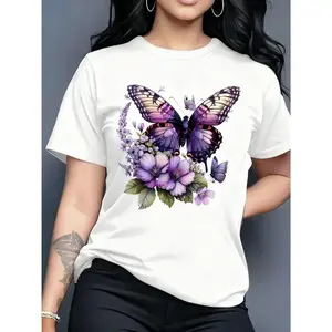 100% Cotton Women's Turquoise Blue Butterfly and Lilac Flower Print Short Sleeve Round Neck Casual Top - Machine Washable, Comfortable for All Seasons, Suitable for Daily Wear and Garden Parties - Multiple Colors Available, Lightweight Base Shirt, Trendy