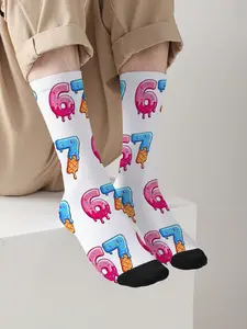 1 pair of unisex men's and women's 67-print mid-calf socks; men's socks; colourful 67 patterns; fashionable, casual, streetwear and hip-hop style socks; cute cartoon designs; soft and breathable; suitable for spring, summer, autumn and winter