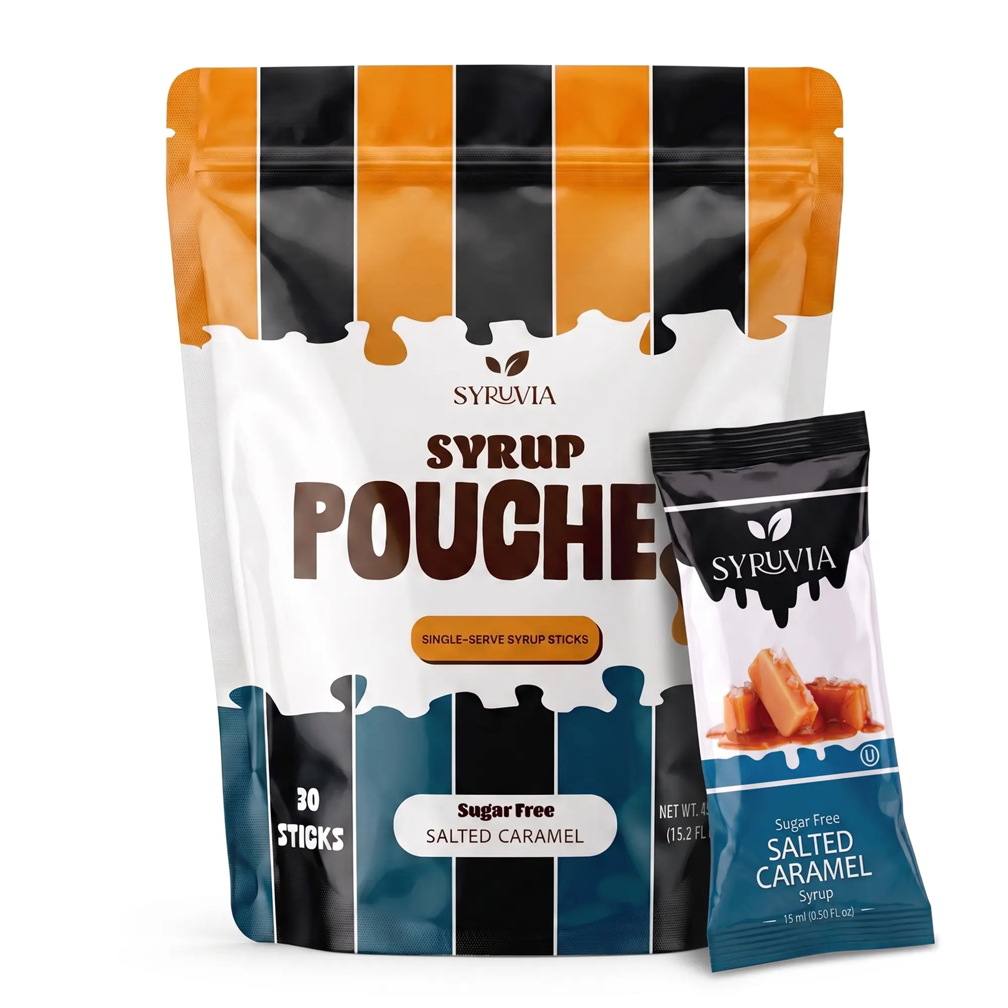 Syruvia Sugar Free Salted Caramel Syrup Pouches, Coffee Syrup Sticks for Coffee, Tea, Lattes & Desserts, 30 Count (15 mL Each)
