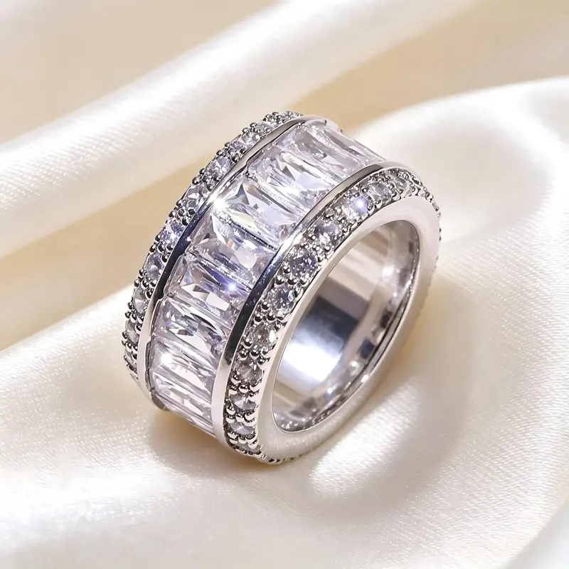 Elegant Baguette Cubic Zirconia Copper Band - Classic Full Eternity Promise Ring for Girlfriend, Double Pave Ring Stack with Linear Glow, Channel Design Luxury Costume Jewelry for Daily & Wedding Wear, Cubic Zirconia Rings