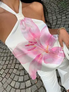 INAWLY  Women's Casual Pink Lily Print Halter Backless Top, Suitable For Summer, Beach, Music Festivals, Comfortable Swimwear Or Decorative Beach