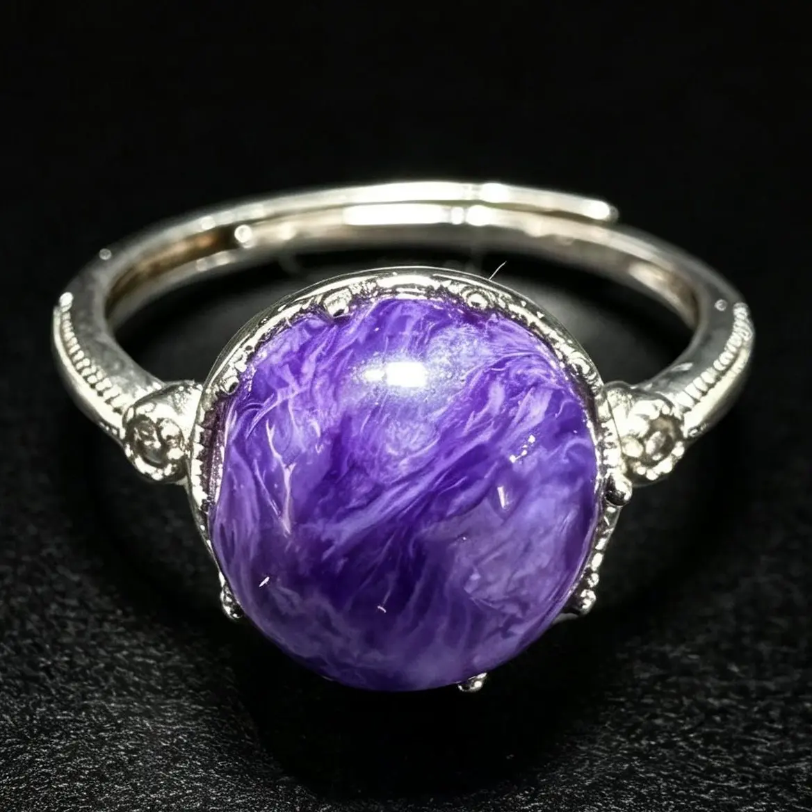 Round Natural Charoite 925 Sterling Silver Crown Milgrain Bezel Tiny Accent Stone Adjustable Ring