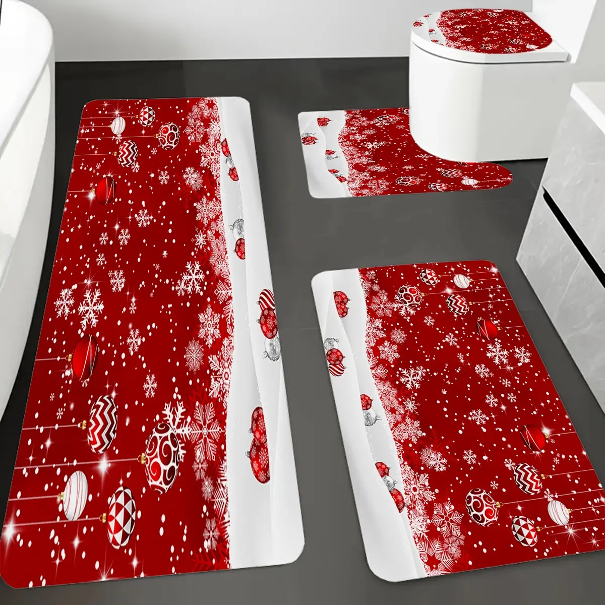 3/ 4pcs 2D Red Background Snowflake Christmas Ball Pattern Printed Bathroom Protective Mat, Purchase Non-Slip Bathroom Mats with Flannel Bathroom Mats, Bathroom Floor Mats, Soft And Comfortable, Christmas Home Decoration,piece,shower