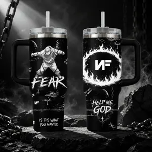 NF FEAR Music Tumbler 40oz with Handle, Emotional Rap Aesthetic Cup, The Search Inspired Mug, Dark Lyrics Fan Gift, Hip Hop Artist Travel Mug, Minimalist Style Stainless Steel Tumbler