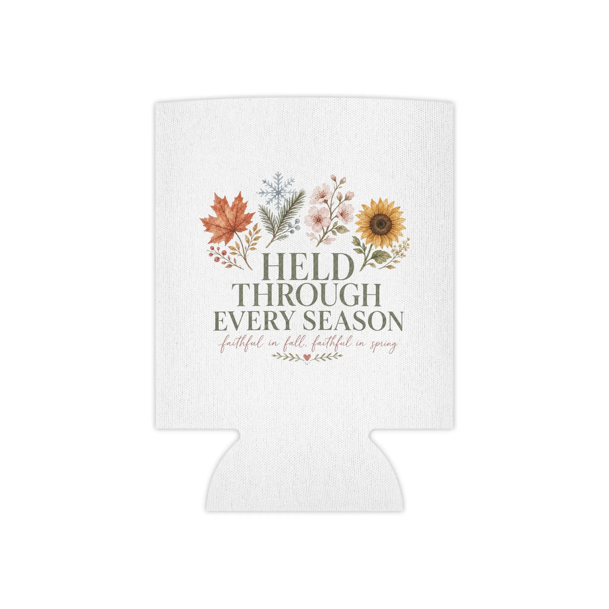 Held Through Every Season Can Cooler | Floral seasonal leaves and sunflower