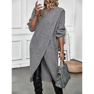 Women's Plain High Low Hem Wrap Tunic Sweater Dress, Casual Drop Shoulder Long Sleeve Dress for Fall & Winter, Women's Clothing for Daily Wear