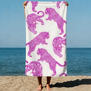 Leopards in dynamic poses, repeating pattern, graphic line art style. Sand-Free Beach Towel | Ultra-Light Microfiber | Quick-Dry, Compact for Travel